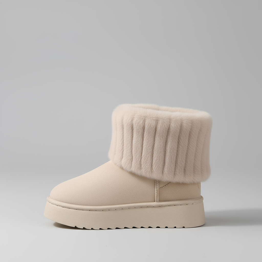 Beige winter boot with knitted cuff on a gray background