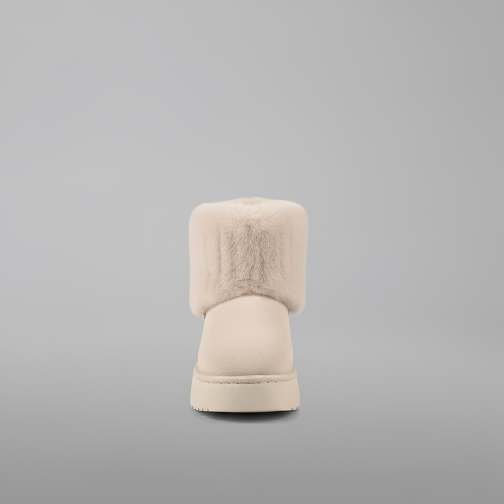 Beige winter boot with fur trim on a gray background
