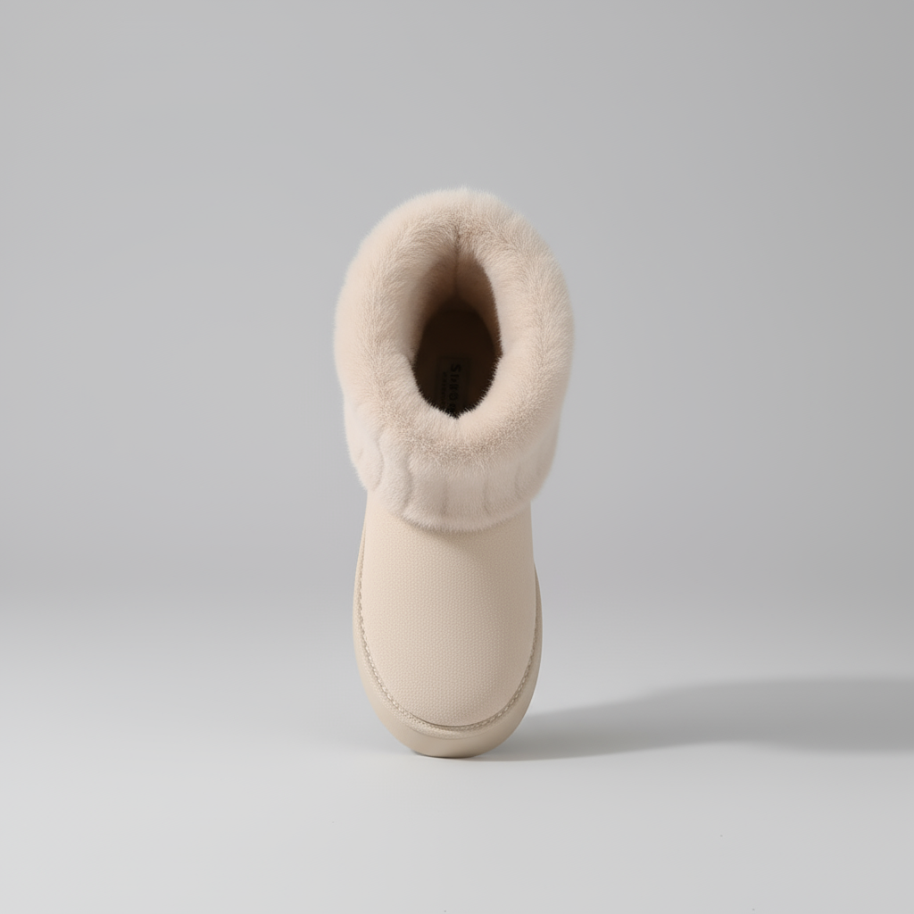 Beige slipper boot with fluffy interior on a light gray background