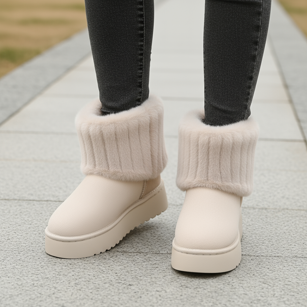 White snow boots with fluffy cuffs worn by a person on a neutral background