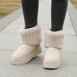 White snow boots with fluffy cuffs worn by a person on a neutral background