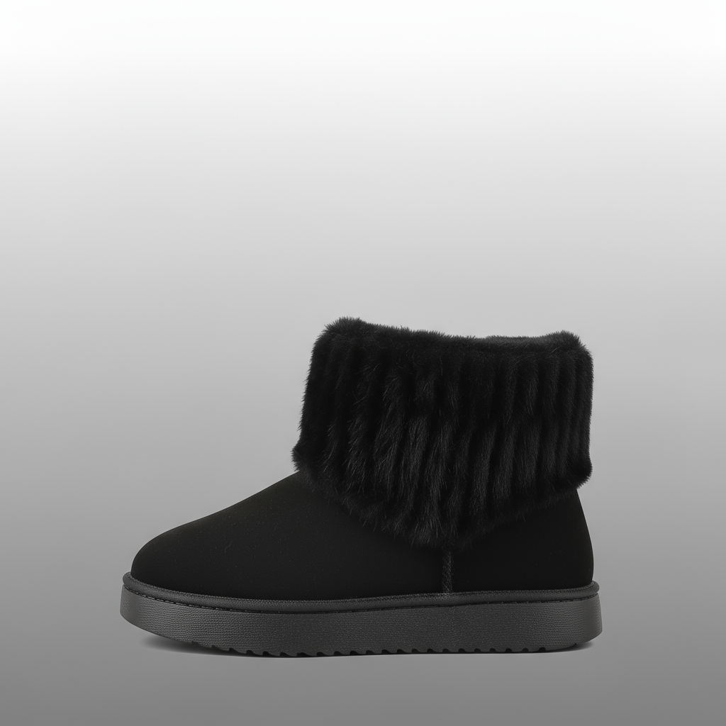 Black boot with fur trim on a gray background