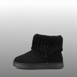 Black boot with fur trim on a gray background