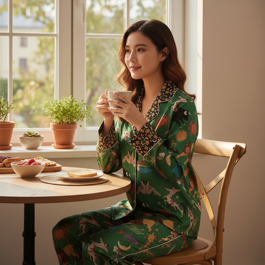 Woman in a green patterned outfit sitting by a window with a cup of tea.