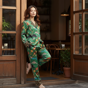 Woman in a green patterned outfit standing in a doorway of a restaurant.
