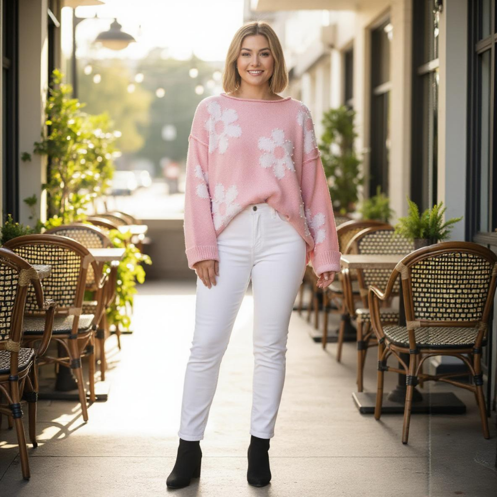 Woman wearing a pink floral sweater and white pants standing in an outdoor cafe setting.