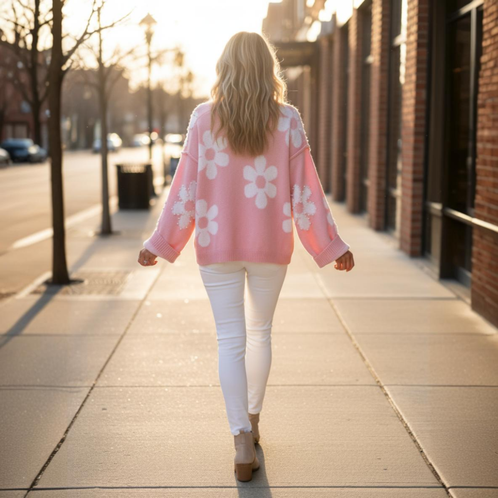 Woman wearing a pink floral sweater walking on a sidewalk.