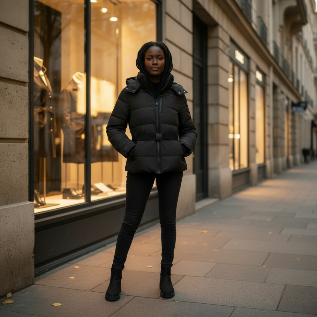 Person wearing a black puffer jacket standing on a city street with storefronts in the background.