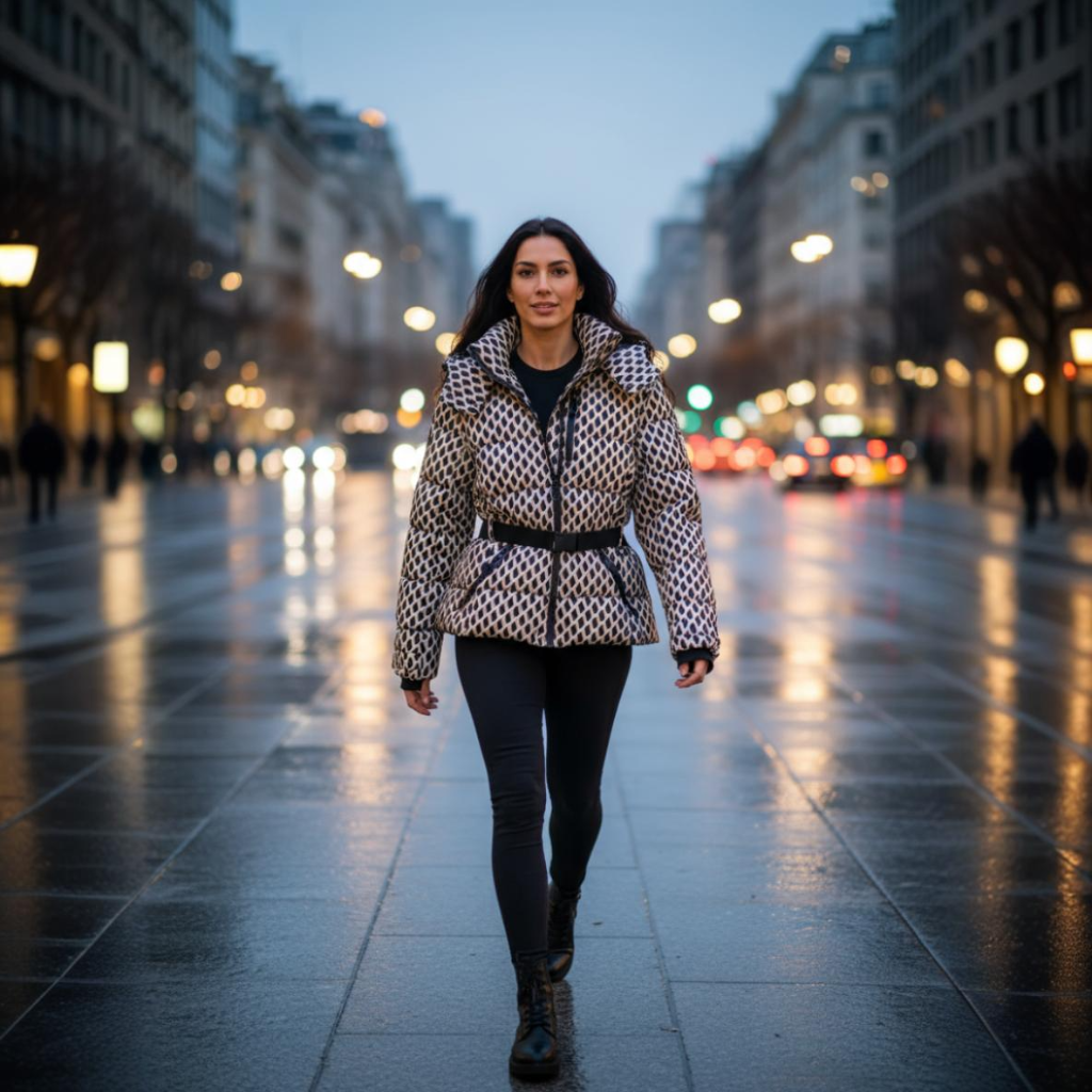 Woman walking on a city street at night with blurred lights in the background