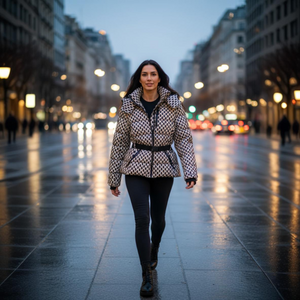 Woman walking on a city street at night with blurred lights in the background