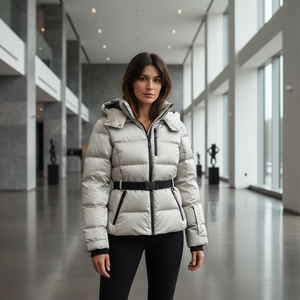 Woman wearing a gray puffer jacket in a modern indoor setting