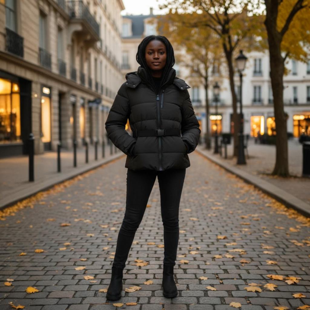 Person wearing a black puffer jacket on a city street with autumn leaves