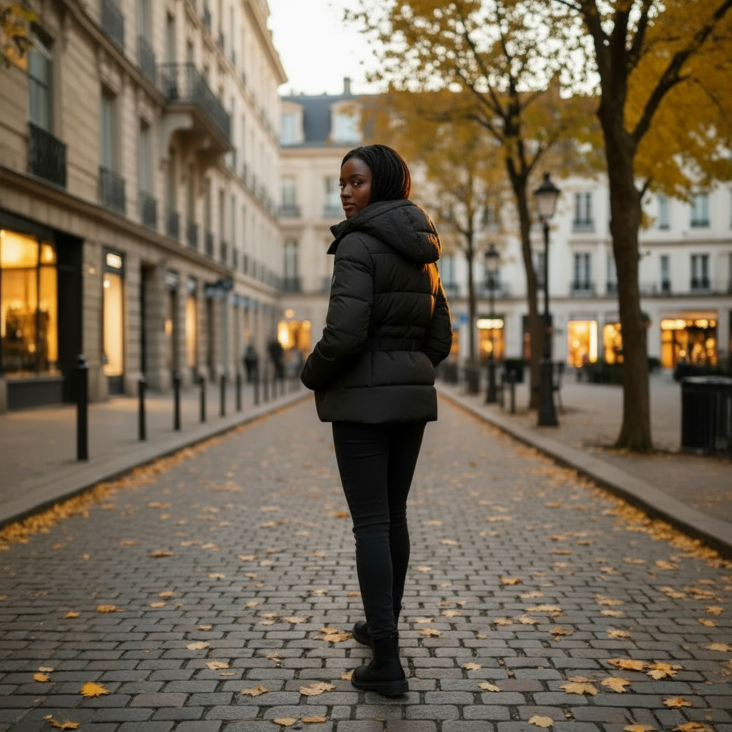 Person walking down a street with autumn leaves and buildings in the background