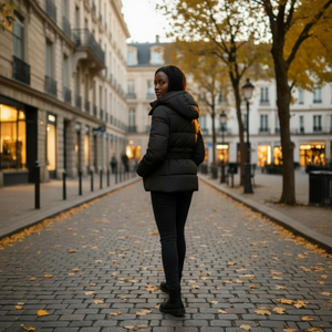 Person walking down a street with autumn leaves and buildings in the background