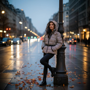 Woman in a patterned coat leaning against a lamp post on a city street at dusk.