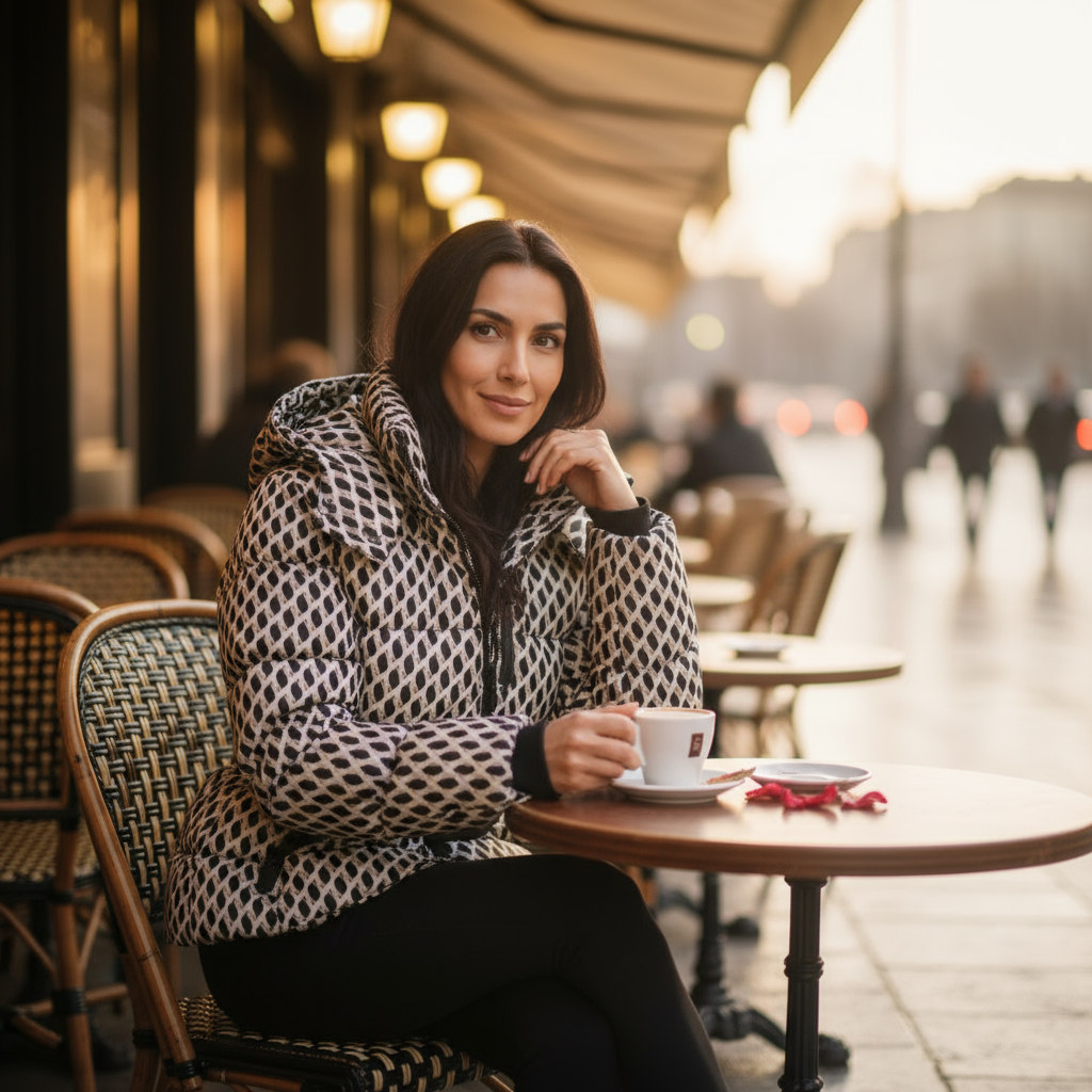 Woman sitting at a cafe table with a cup of coffee, surrounded by blurred cafe interior.