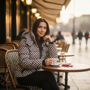 Woman sitting at a cafe table with a cup of coffee, surrounded by blurred cafe interior.