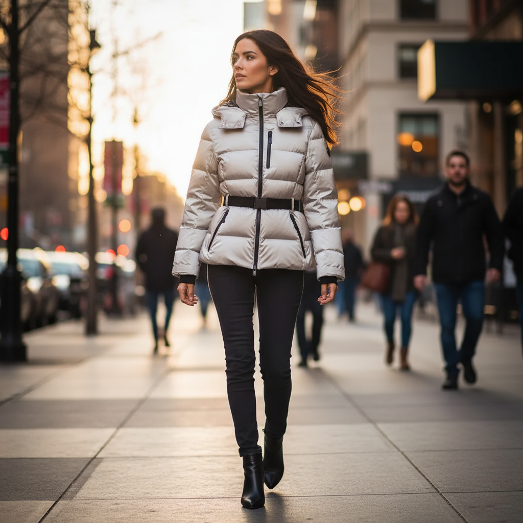 Woman in a white puffer jacket walking on a city street