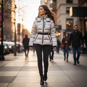 Woman in a white puffer jacket walking on a city street