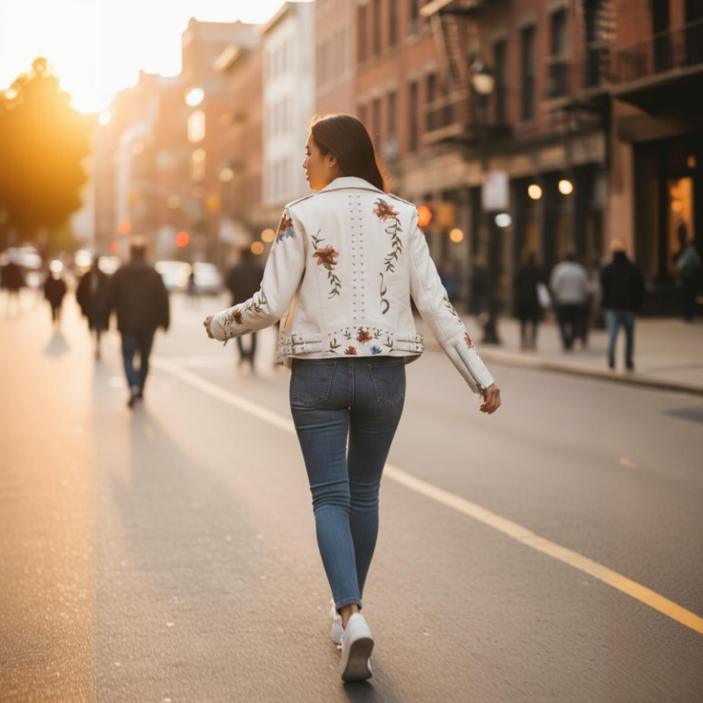 Woman walking down a city street with a floral-patterned jacket.