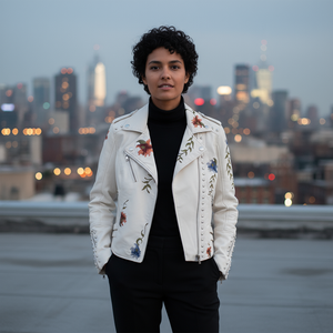 Person wearing a white floral jacket with a city skyline in the background