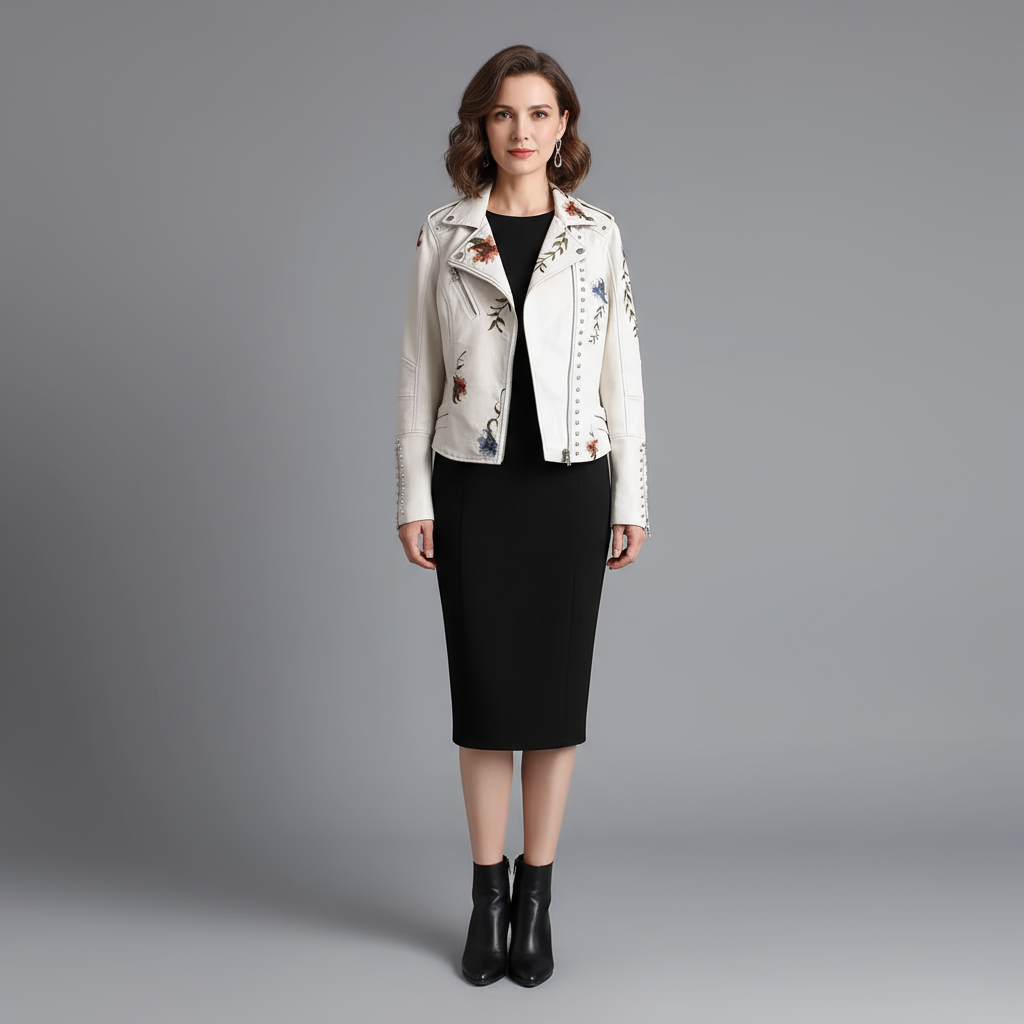 Woman wearing a white floral embroidered jacket on a gray background