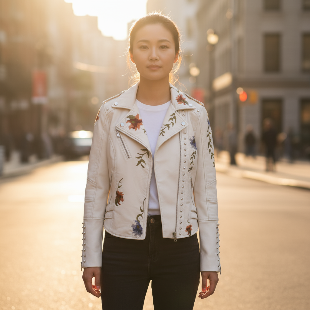Woman wearing a white leather jacket with floral embroidery on a city street.