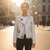 Woman wearing a white leather jacket with floral embroidery on a city street.