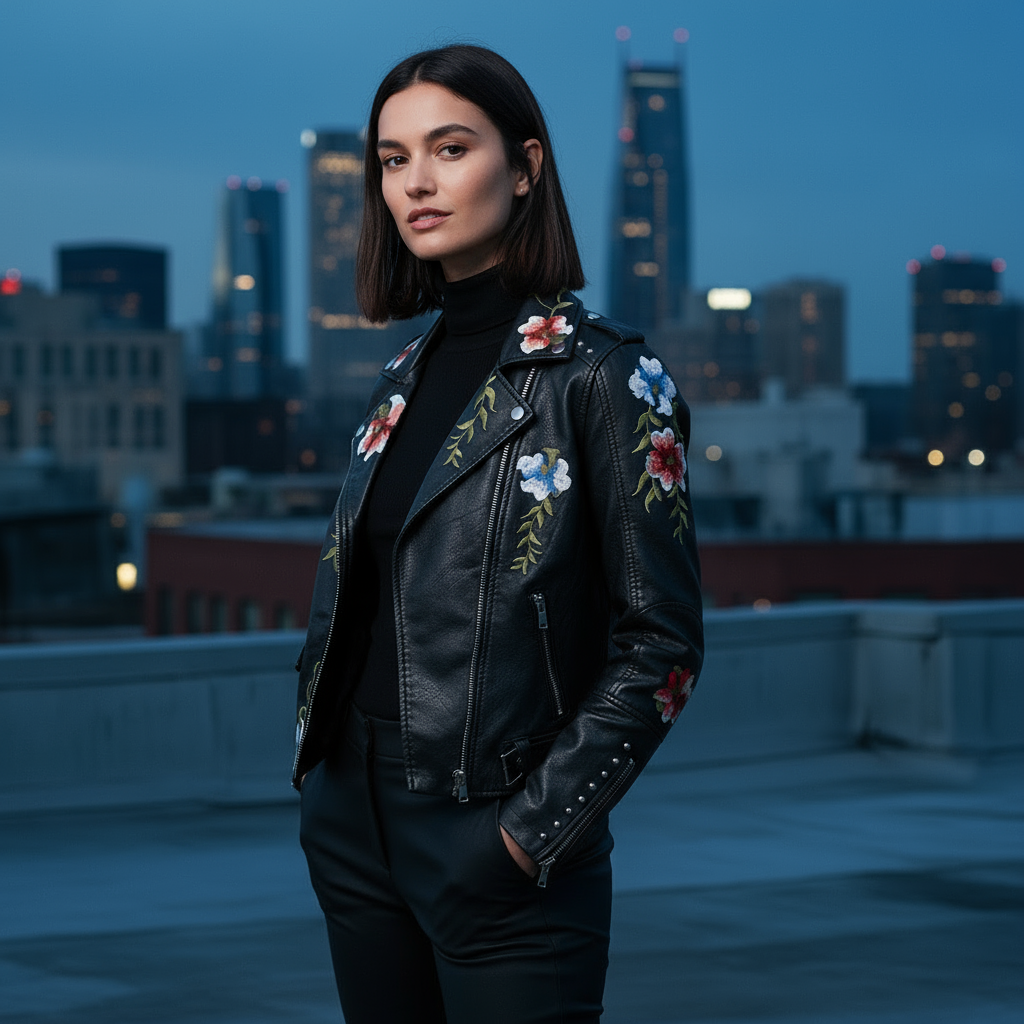 Woman wearing a black leather jacket with floral embroidery against a city skyline at night.