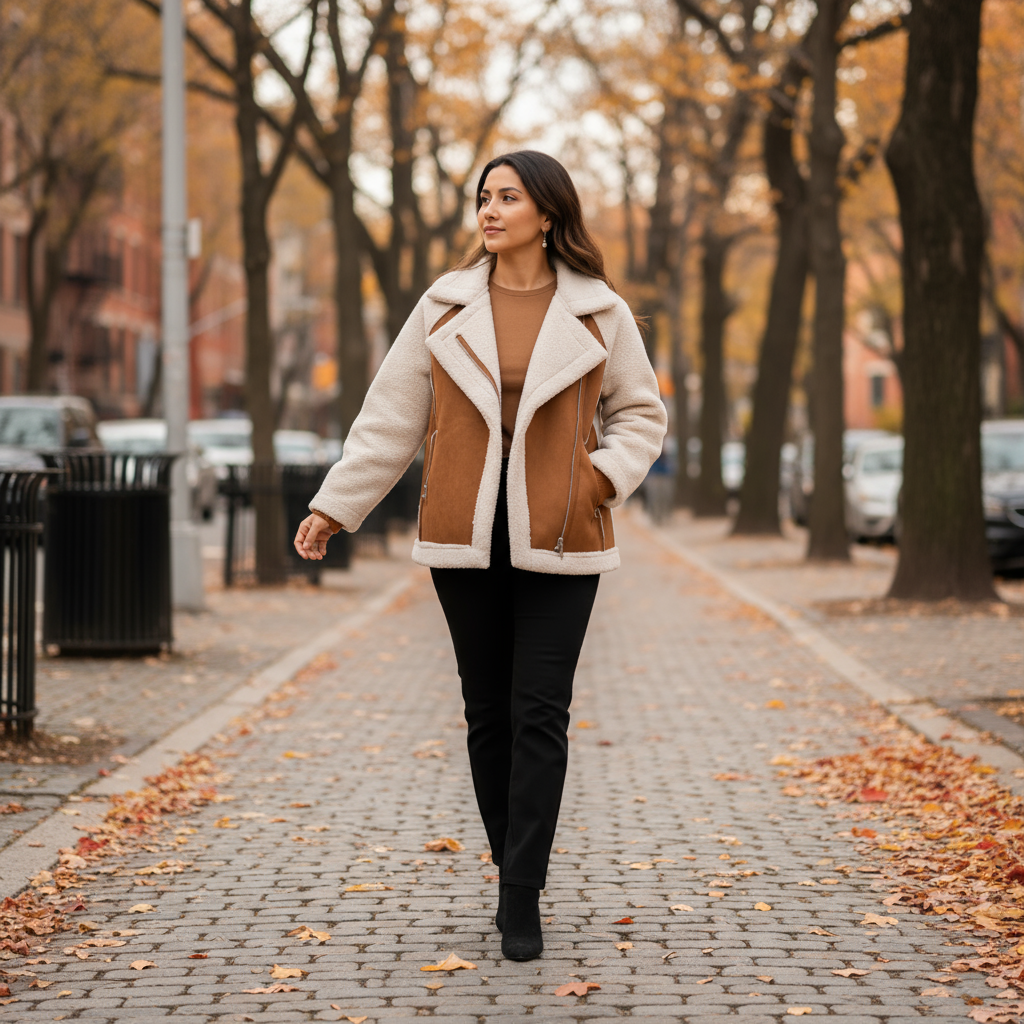 Woman walking on a sidewalk with autumn trees and leaves