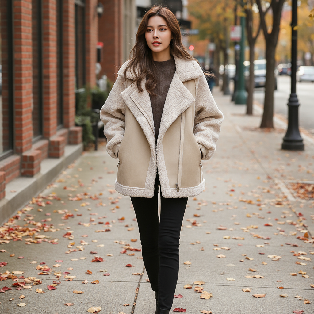 Woman wearing a beige coat on a sidewalk with autumn leaves