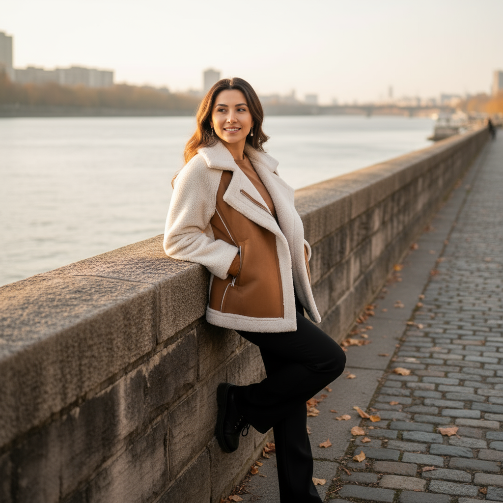 Woman leaning against a stone wall by a river with a cityscape in the background