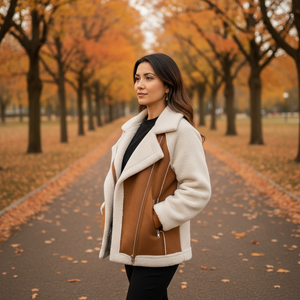 Woman in a brown and white coat standing on a path lined with trees with orange autumn leaves.