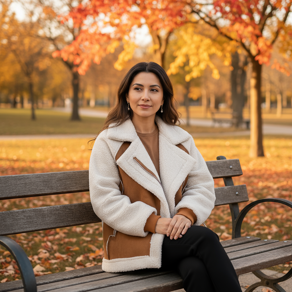 Woman sitting on a bench in an autumn park with colorful trees.