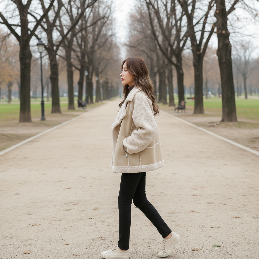 Woman walking in a park wearing a beige coat and black pants.