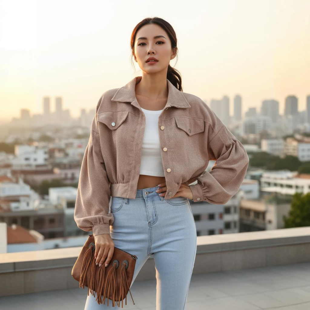 Woman wearing a beige jacket and light blue jeans with a cityscape in the background
