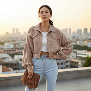 Woman wearing a beige jacket and light blue jeans with a cityscape in the background