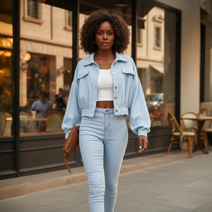 Woman in light blue denim jacket and jeans walking on a sidewalk with a blurred cafe background