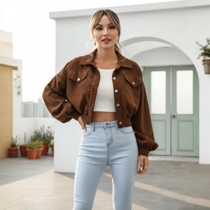 Woman wearing a brown jacket, white top, and light blue jeans standing outdoors.