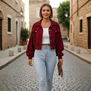 Woman wearing a red jacket and light blue jeans walking on a cobblestone street.