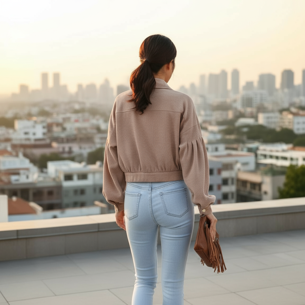 Woman standing on a rooftop overlooking a cityscape at sunset.