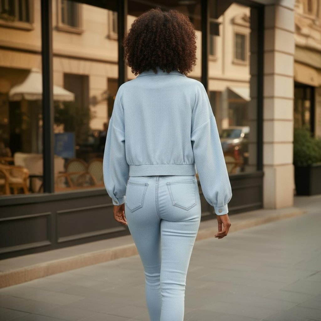 Person wearing a light blue outfit walking on a city street.
