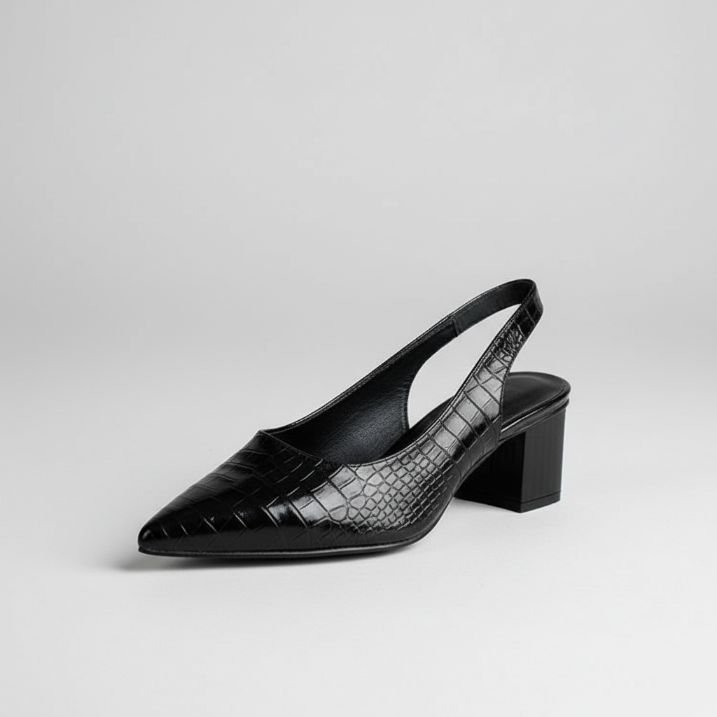 Black slingback shoe with crocodile texture on a light gray background
