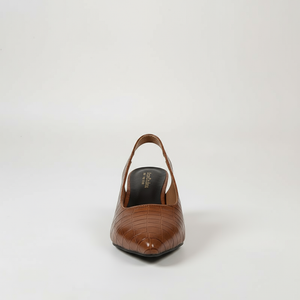 Brown crocodile-patterned high heel shoe on a white background