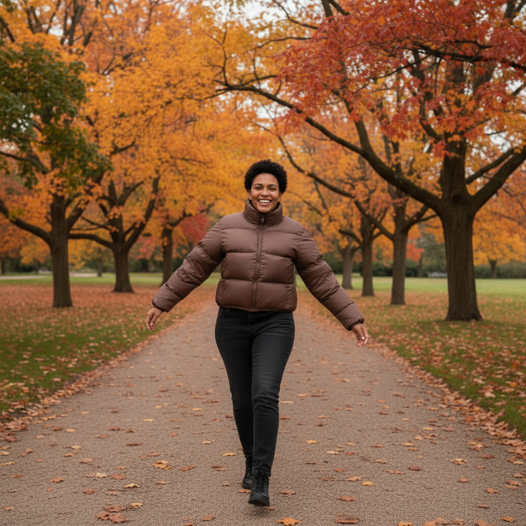 Person walking on a path in a park with autumn foliage