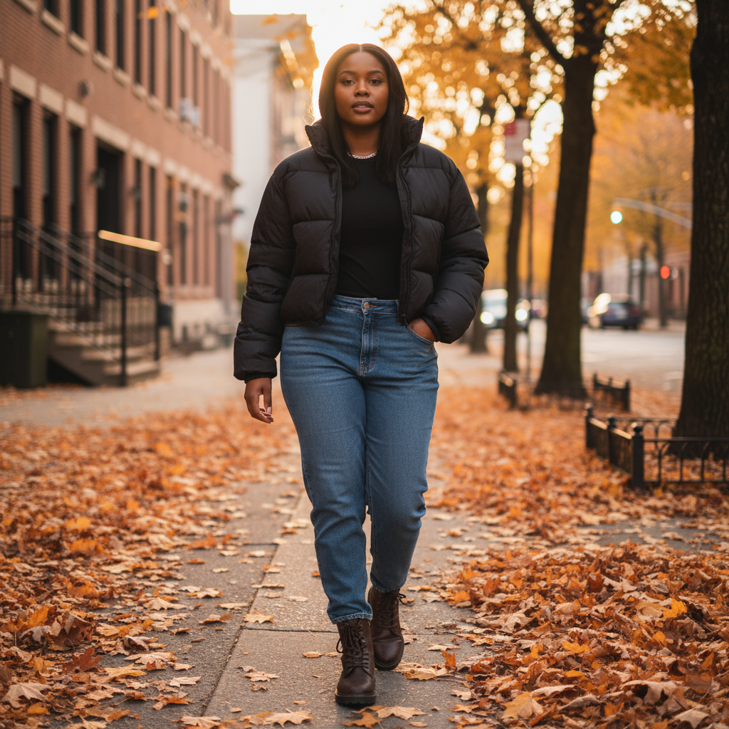 Person walking on a sidewalk with autumn leaves and trees in the background