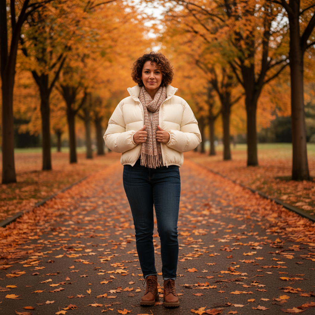 Woman standing in a park with autumn foliage