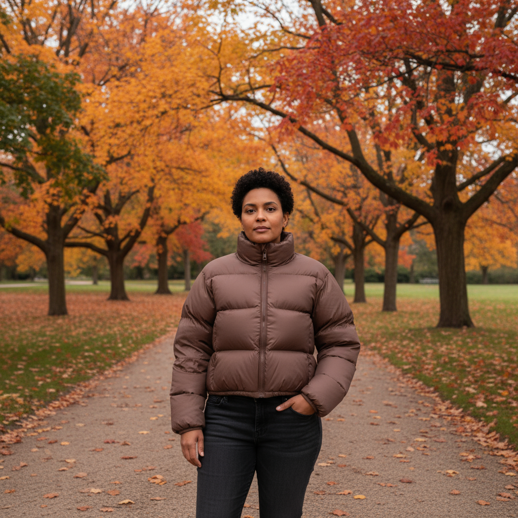 Person wearing a brown puffer jacket standing in an autumn park with colorful trees.