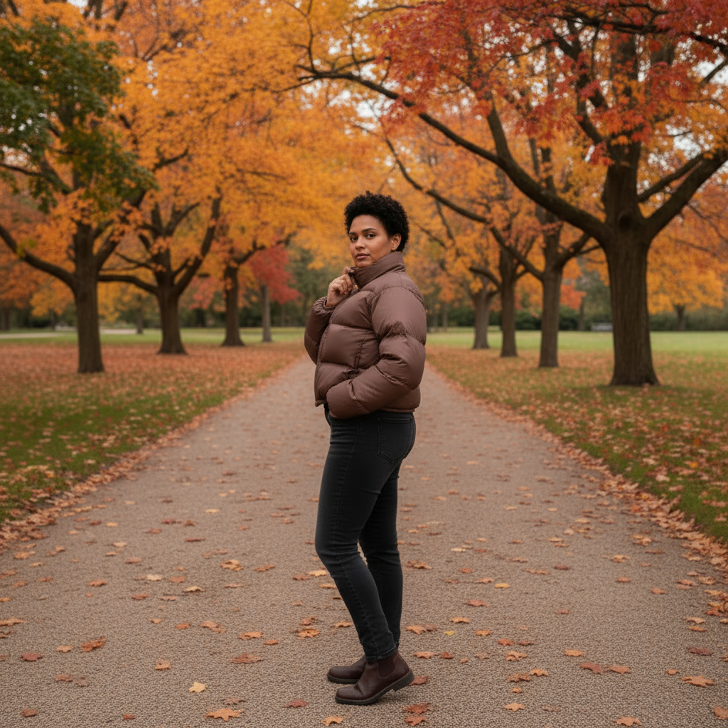 Person standing on a path lined with trees with autumn foliage