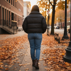 Person walking on a sidewalk with autumn leaves and buildings in the background